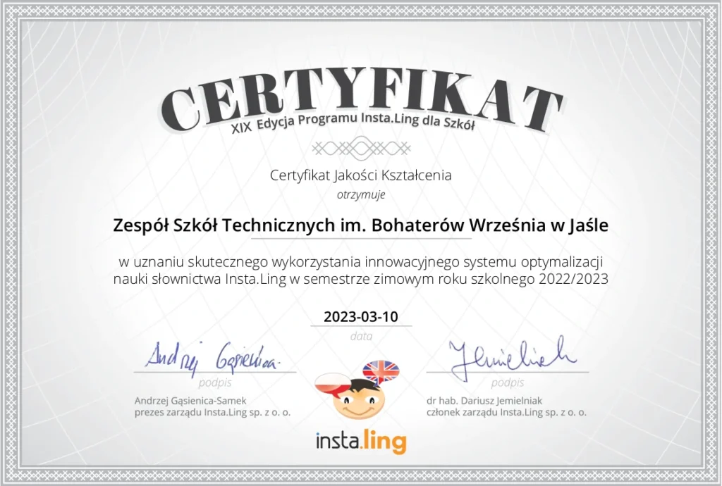Certyfikat - XIX Edycja Programu Insta.Ling dla Szkół dla ZST w Jaśle