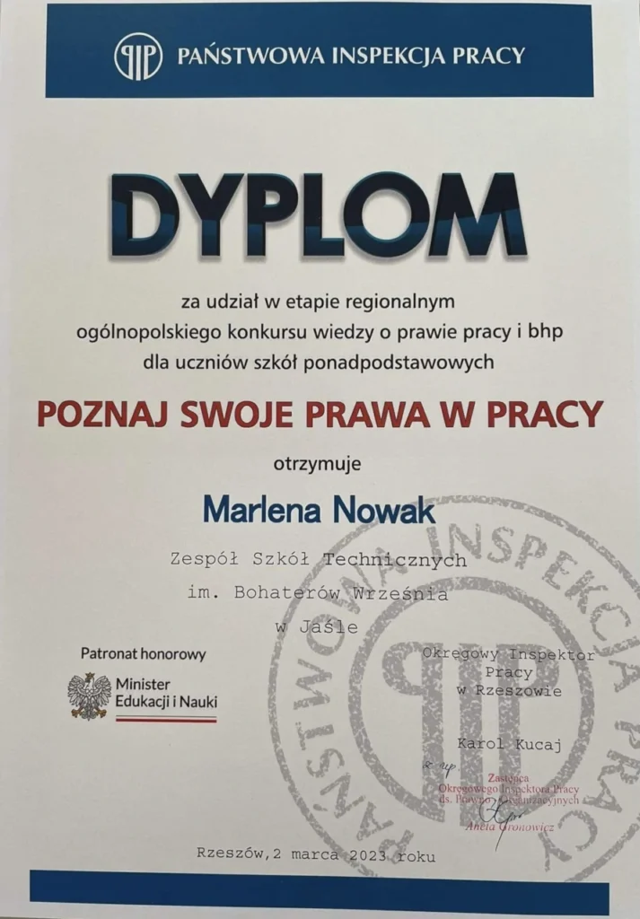 Dyplom za udział w konkursie dla Marleny Nowak