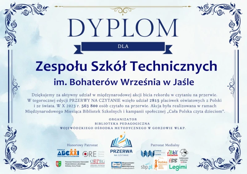 Dyplom dla ZST w Jaśle